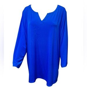 Susan Graver Liquid Knit Blue V-Neck Pullover 3/4 Length Sleeve Blouse Size 3X